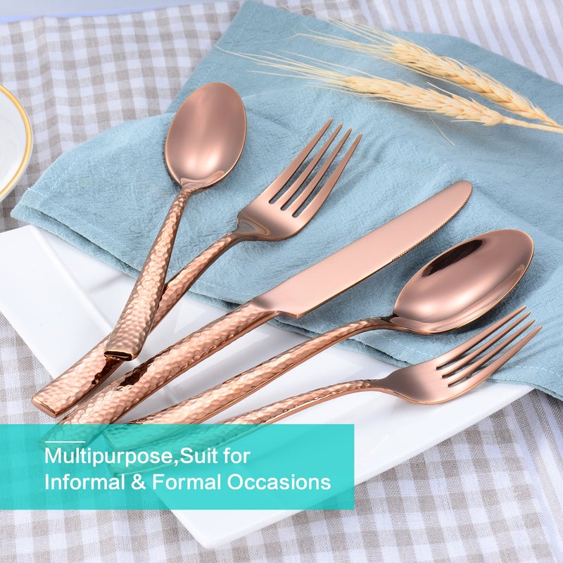Flatasy Silverware Rose Gold Hammered Heavy Flatware Set Cutlery Set Stainless Steel Mirror Finished Utensil 20 Pieces Spoons Forks and Knives Service for 4 - Image 4